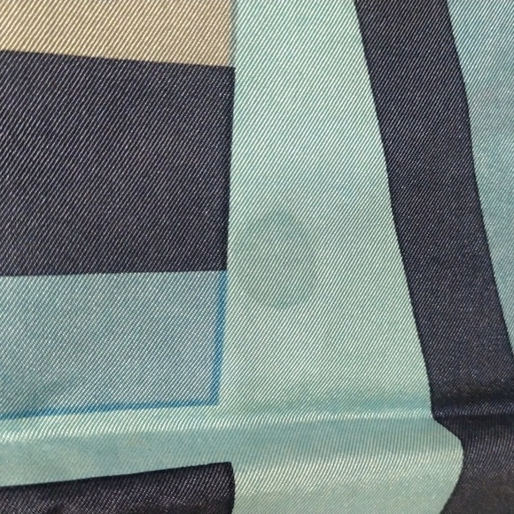 J.D. Dubois Silk Scarf 30x30 – Luxe Geometric Blue & Gold Tie Style Accessory - Picture 11 of 14